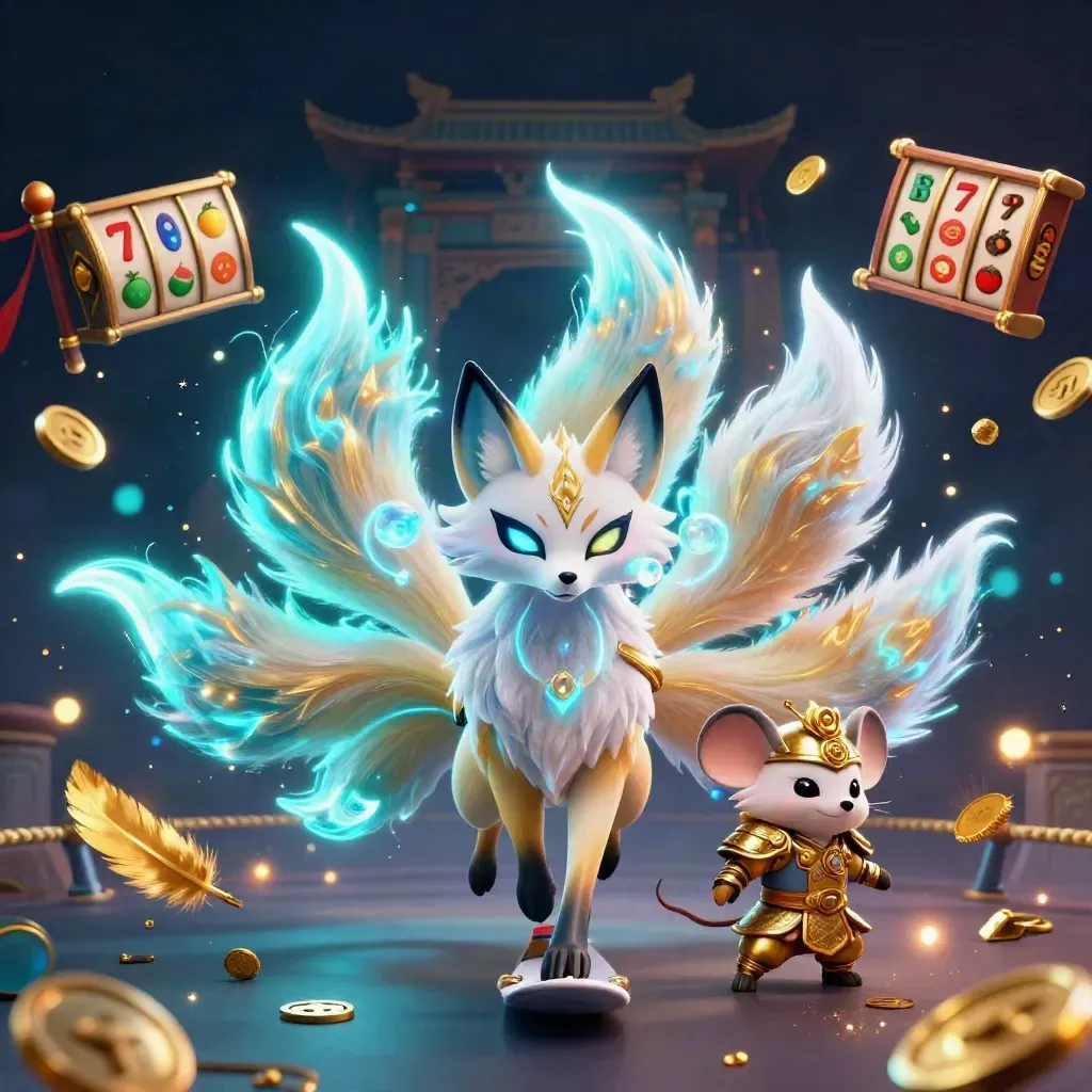 Raposa espiritual de nove caudas e rato samurai entre moedas, templo e luz ciano.