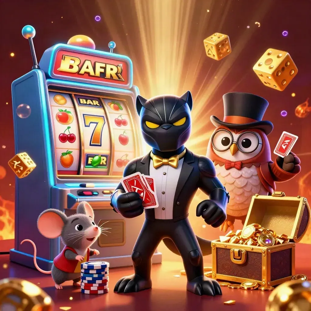 Pantera, coruja e rato em ação com caça-níquel explodindo em ouro e ciano.