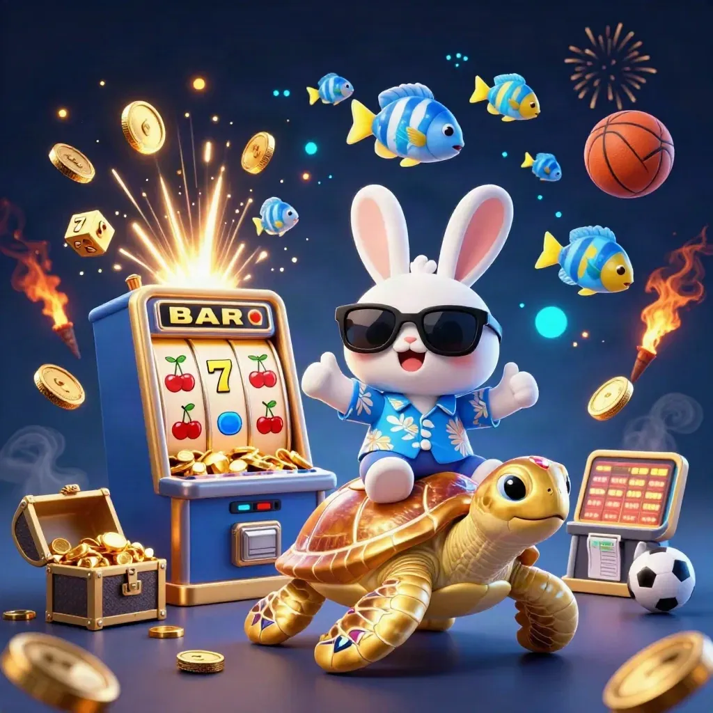 Coelho 3D em tartaruga dourada, slot explodindo, moedas e fogos em fundo azul-escuro.
