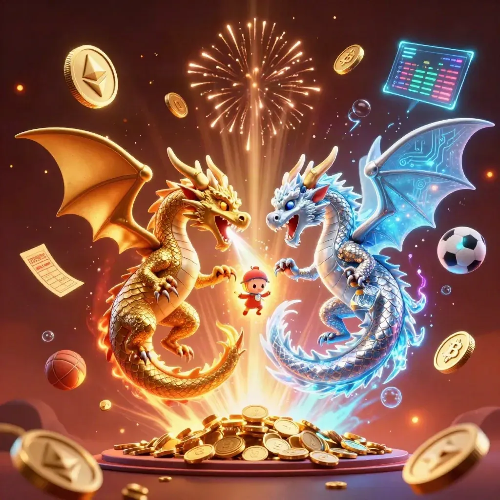 Dois dragões 3D dourado e prateado, moedas, faíscas e luz neon em estilo cassino premium.