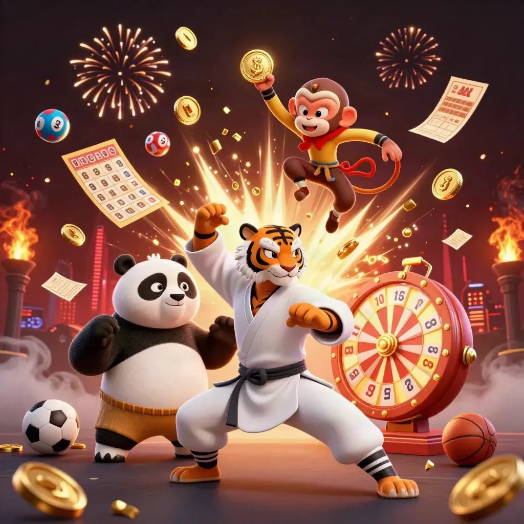 Tigre kung-fu, panda e macaco em festa com moedas, fogos e visual de cassino neon.