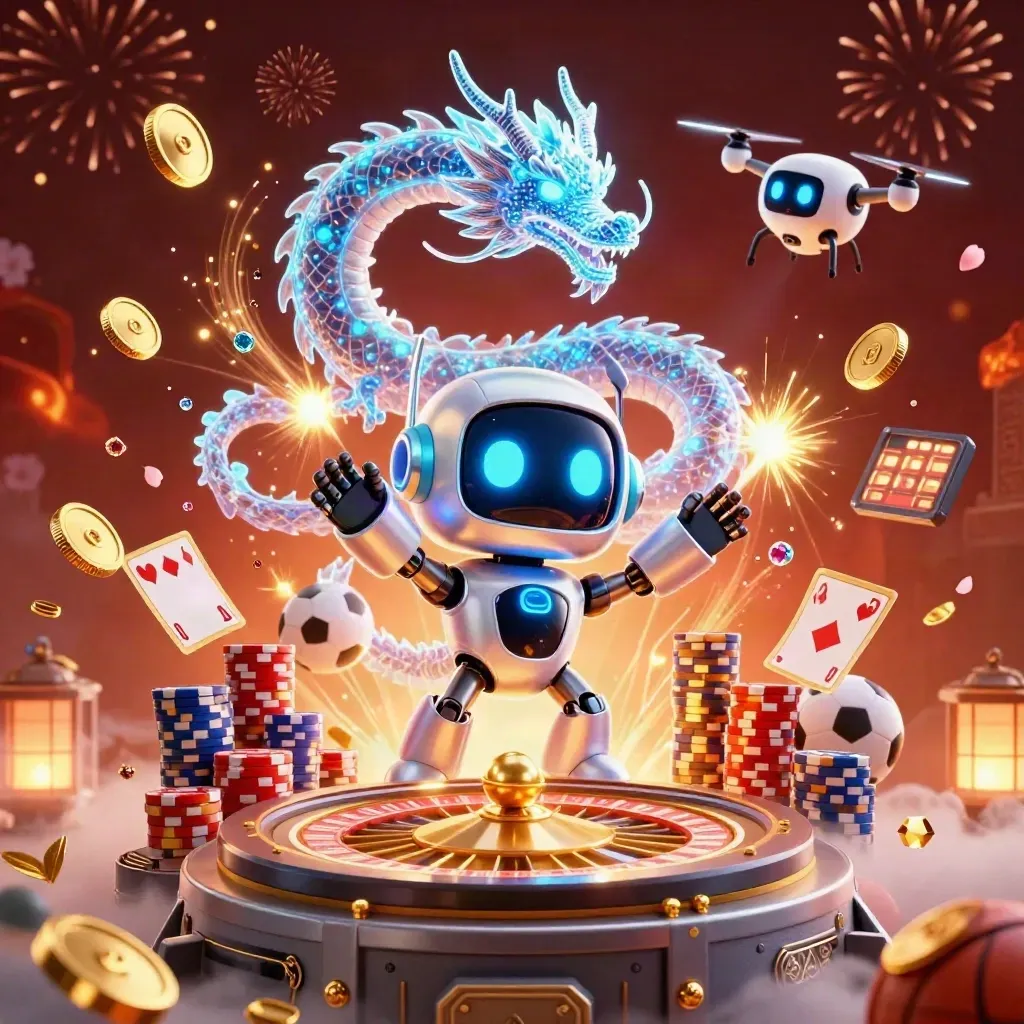 Robô cyberpunk, dragão holográfico e drones com moedas, cartas, fichas e fogos em clima premium.