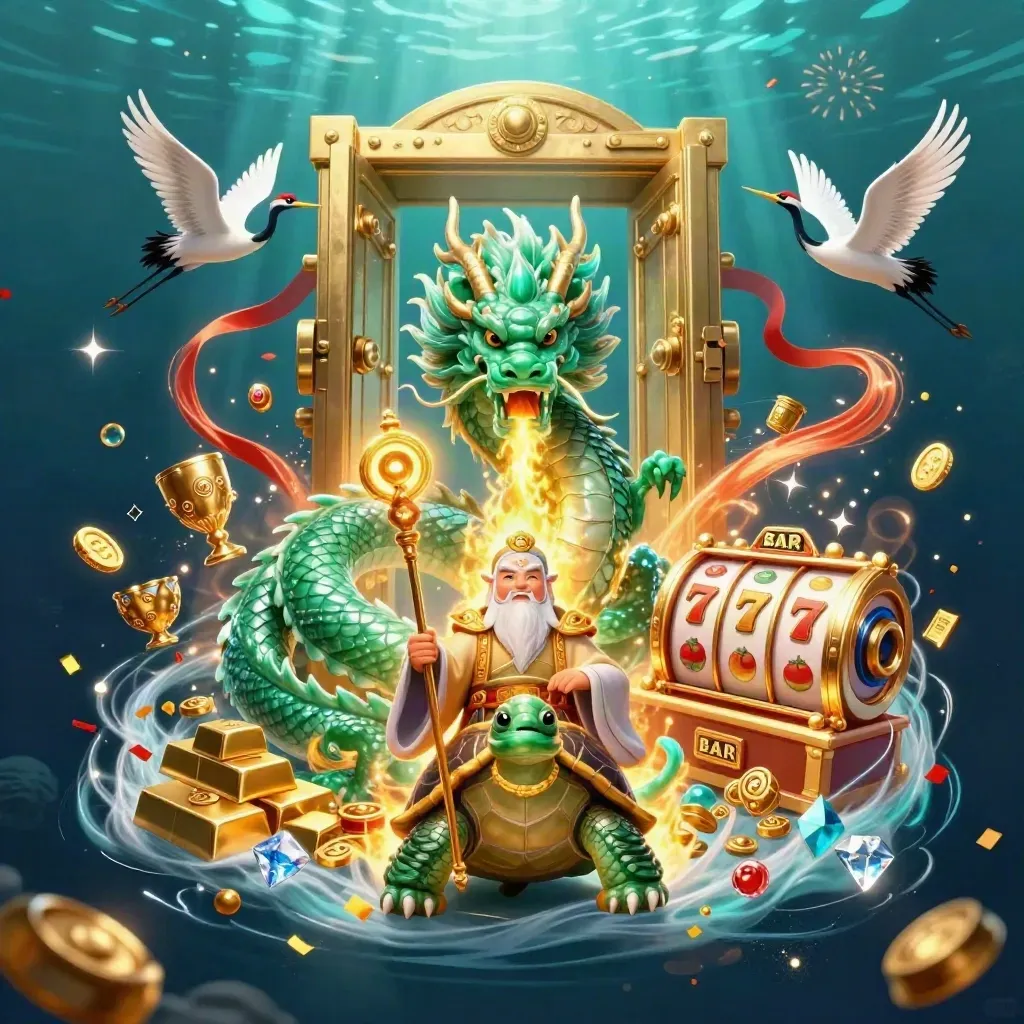 Dragão de jade com tartaruga sábia, guindastes e tesouro explodindo em luz.