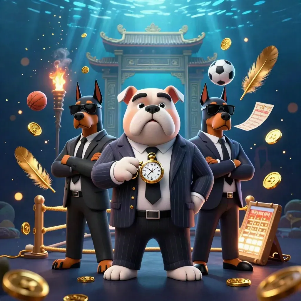 Bulldog mafioso com dois Dobermans, moedas douradas e brilho neon azul e dourado.