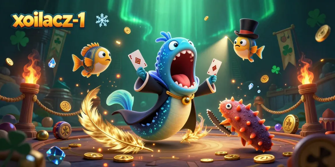Xoilacz-1 showcases a magical scene with vibrant sea creatures performing casino card tricks, surrounded by dynamic gambling elements.