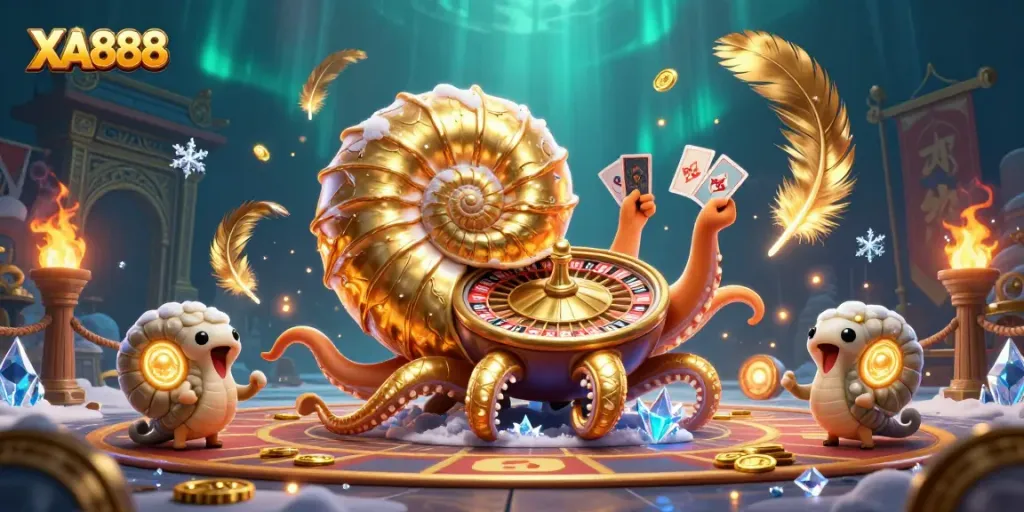 Experience XA888 with a vibrant illustration of a nautilus roulette wheel and glowing companions in a dynamic casino setting.
