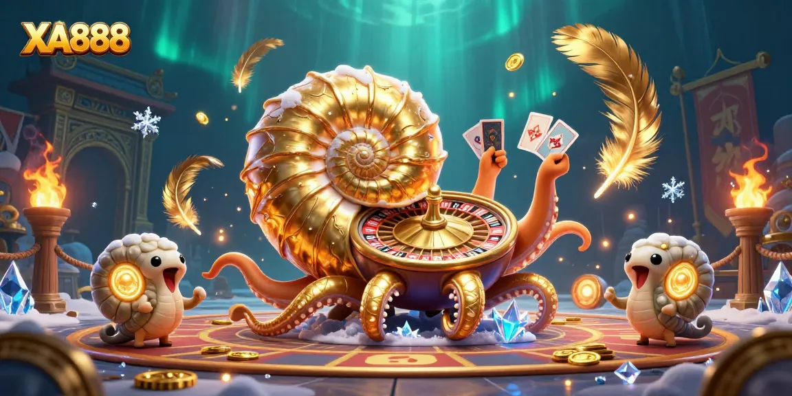Experience XA888 with a vibrant illustration of a nautilus roulette wheel and glowing companions in a dynamic casino setting.