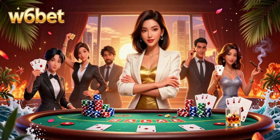 Experimente a emoção do w6bet com uma elegante mulher asiática demonstrando habilidades poderosas no poker em meio a elementos vibrantes de cassino.