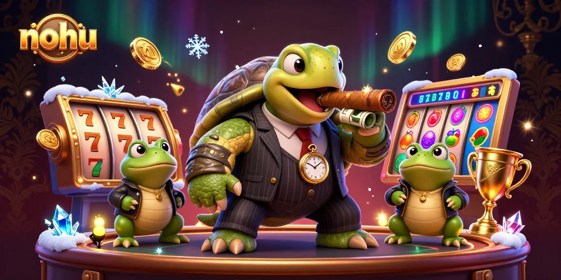 Nohu casino illustration showcasing a turtle in a pinstripe suit surrounded by slot reels and gold coins.