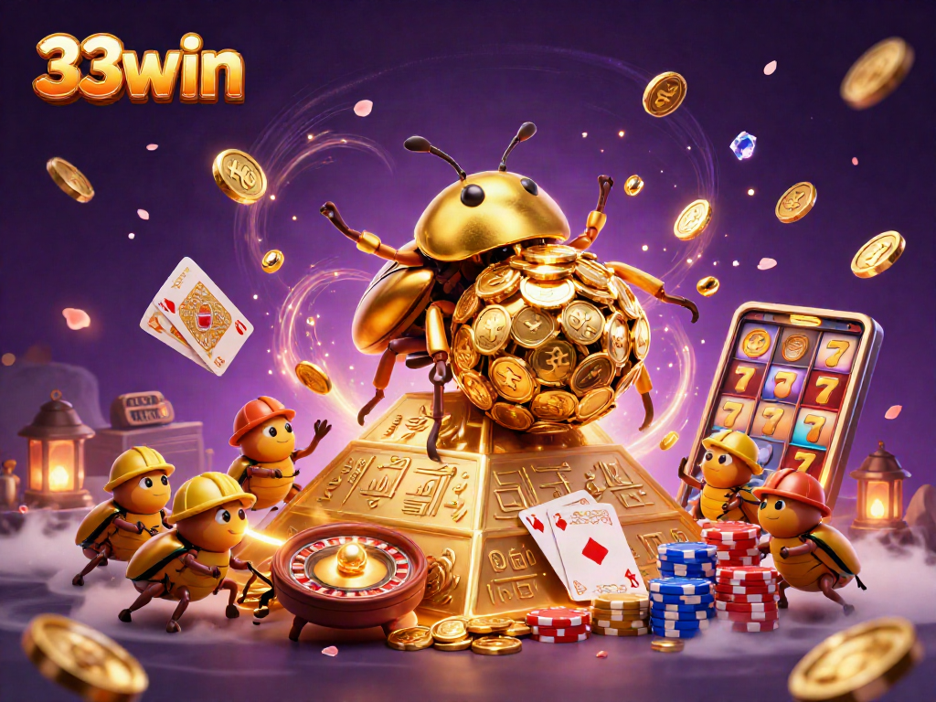 Engage with 33win's vibrant casino world featuring a golden beetle rolling coins amidst epic gaming elements.
