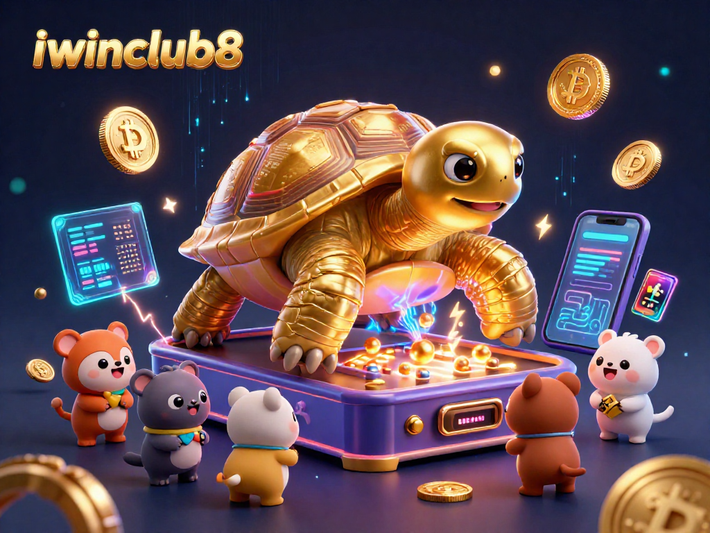Experience vibrant gaming with iwinclub8, where a golden tortoise leads a crypto-themed adventure.