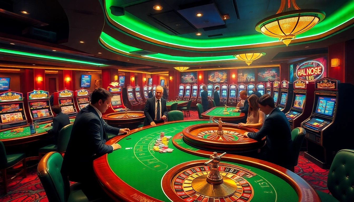 Engaging scene at cổng game hitclub illustrating excitement in a luxury casino atmosphere with players at poker tables.