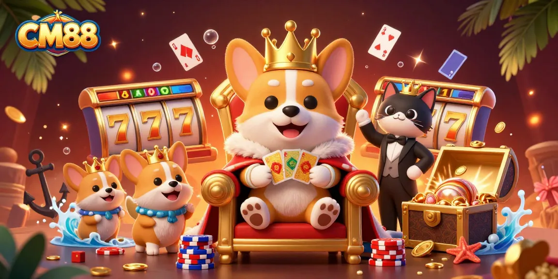 Win big with CM88 in this thrilling casino adventure featuring a royal corgi on a poker chip throne.