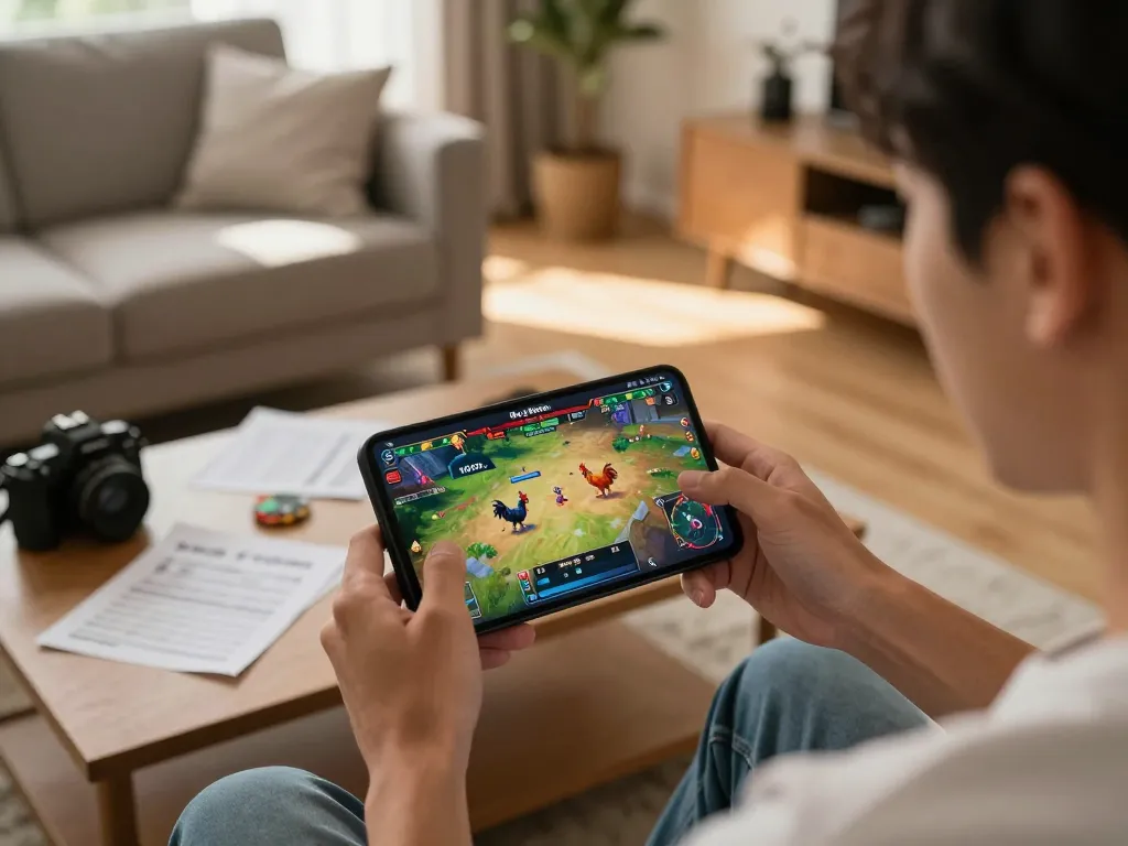 Engaged player watching da ga thomo on mobile device while surrounded by strategic notes in a cozy home setting.
