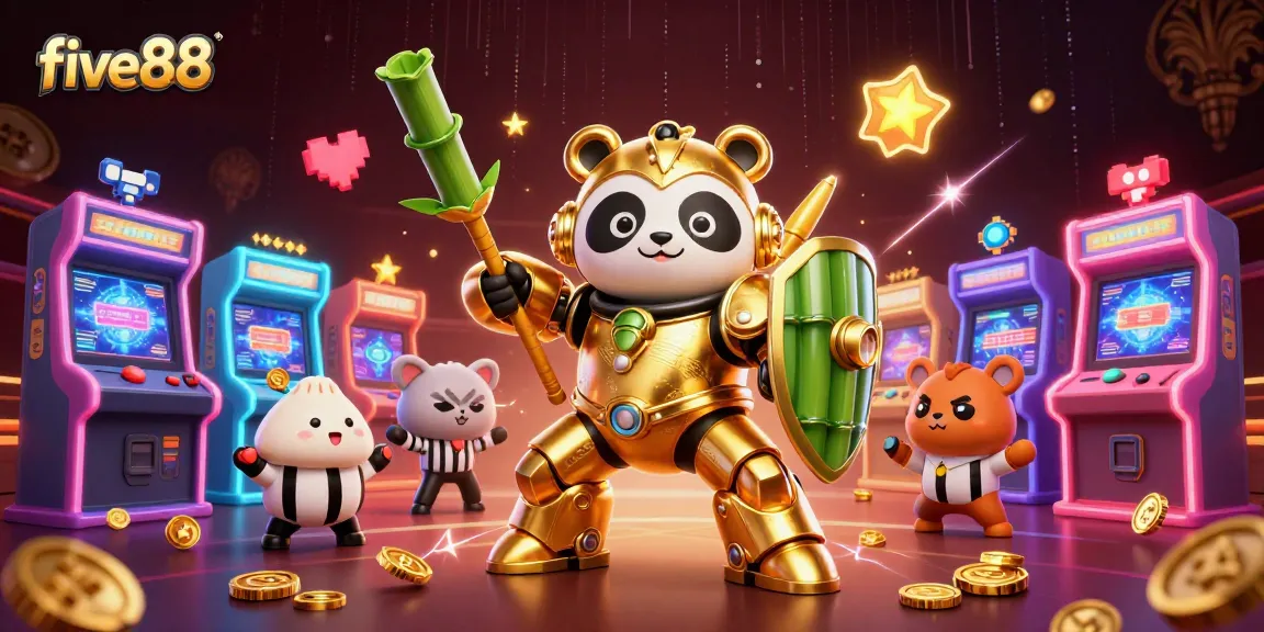 Experience excitement at five88 with a mech-suit golden panda in a vibrant casino arena!