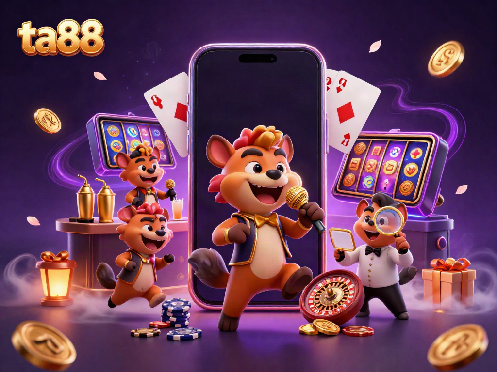 Hyenas in a vibrant ta88 comedy casino club illustrating gaming excitement with characters interacting.