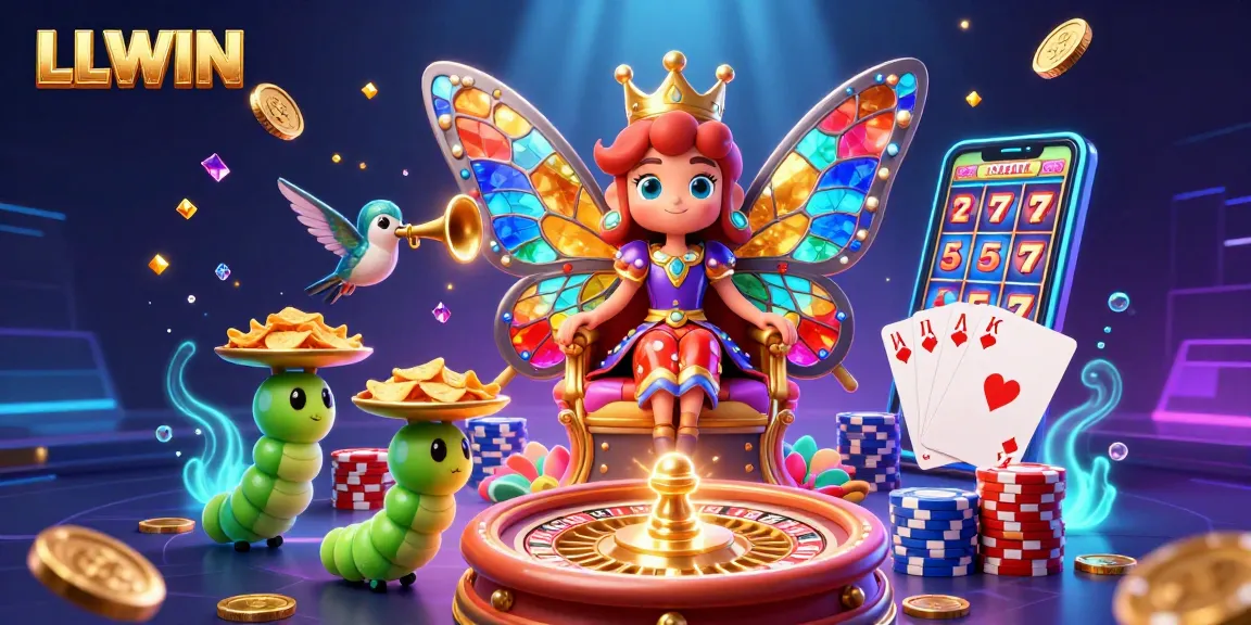 Engage with LLWIN's vibrant casino scene featuring a butterfly queen amidst dazzling casino elements.