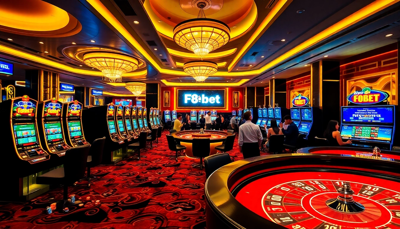 Experience the excitement of online gambling at https://f8bet.dental with vibrant slot machines and poker chips.