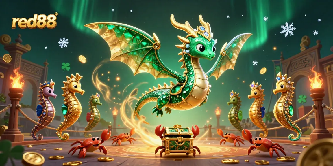 Experience the vibrant world of red88 with a magical sea dragon surrounded by treasure and casino elements.