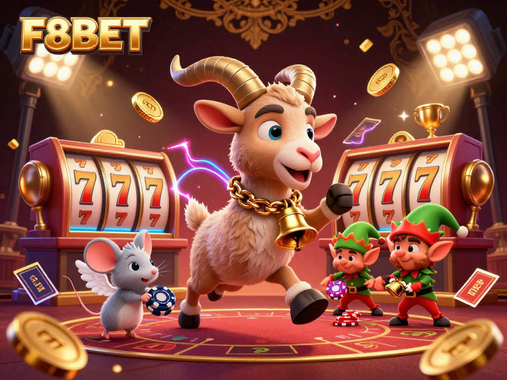 Bet on excitement with F8BET in a lively 3D casino scene filled with fun characters.