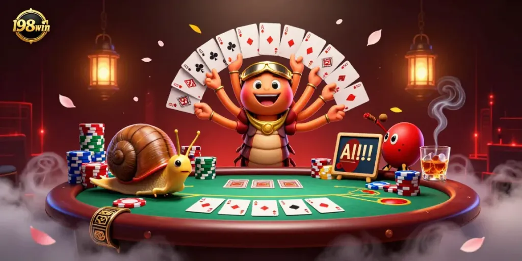 Engage in thrilling gameplay action at 98win, featuring a millipede dealer and high-roller snail in a vibrant casino.