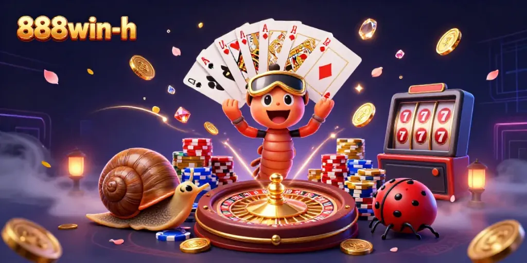 Engage in entertainment at 888win-h with dynamic gambling characters amid cascading coins and vibrant casino elements.