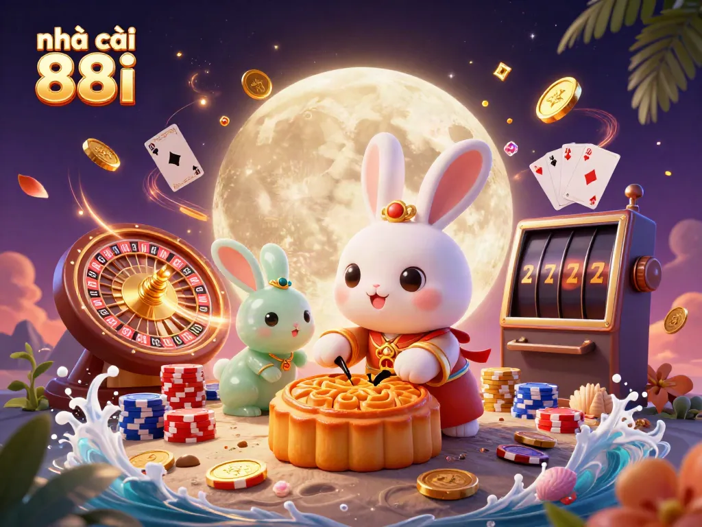 Win big with Nhà cái 88i, featuring a captivating lunar scene filled with casino elements and vibrant treasures.