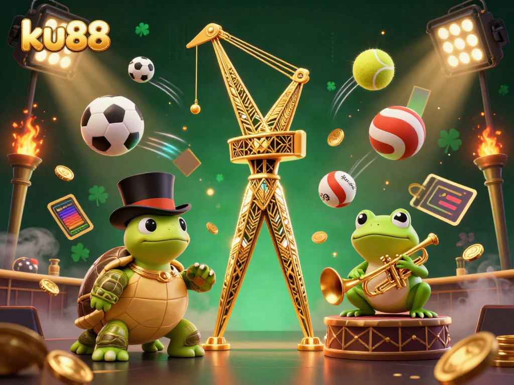 Experience thrilling sports betting with ku88 in an energetic 3D casino illustration.