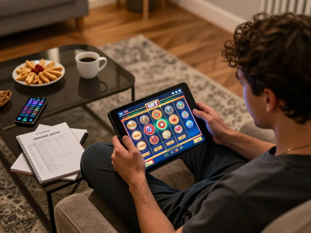 Engaged player exploring 58ff online slots on a tablet in a cozy home setup.