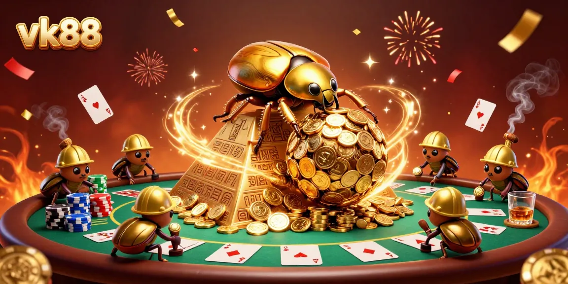 Experience thrilling action at vk88 with a vibrant scene of beetles and casino elements showcasing excitement in online betting.