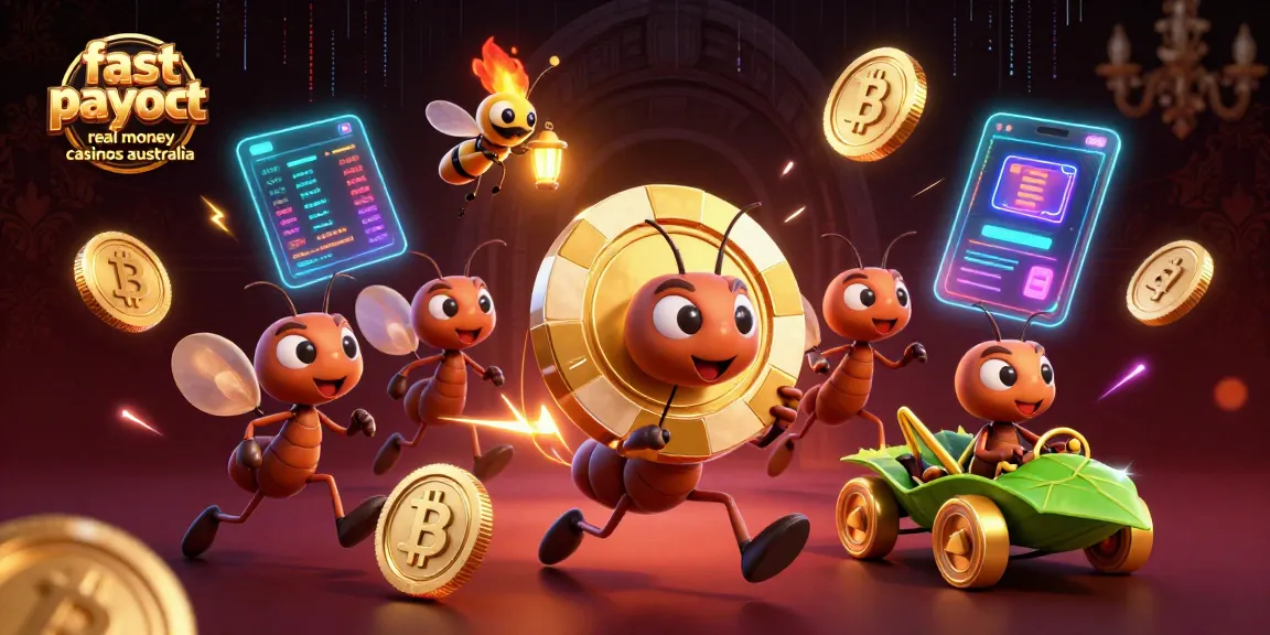 Engaging scene of ants heisting a golden poker chip in fast payout real money casinos Australia, featuring crypto elements.