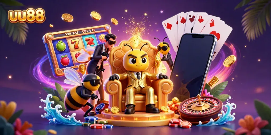 Experience the excitement of uu88 with vibrant slot game elements and a charming 3D mob boss scene.