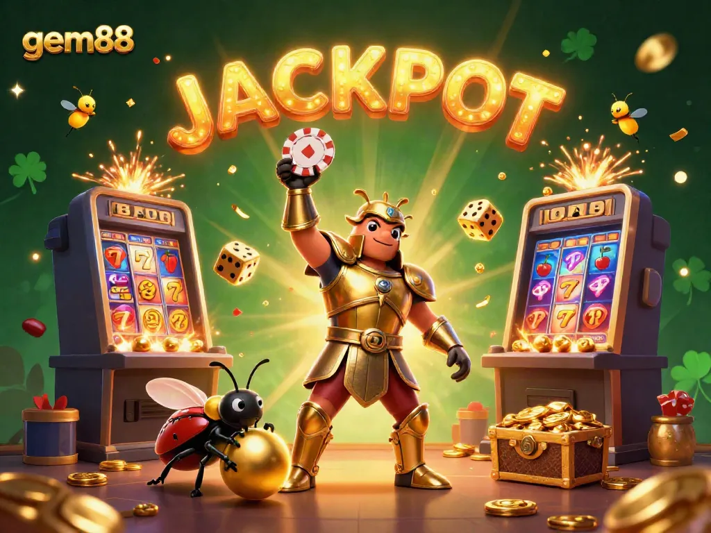 Experience excitement at gem88 with a triumphant beetle holding a poker chip surrounded by casino riches.