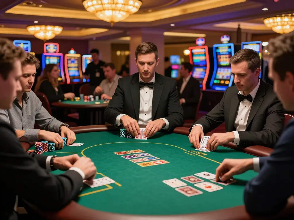 Players engaged in strategic poker gameplay at a luxury casino table, showcasing the excitement of 27G gambling.