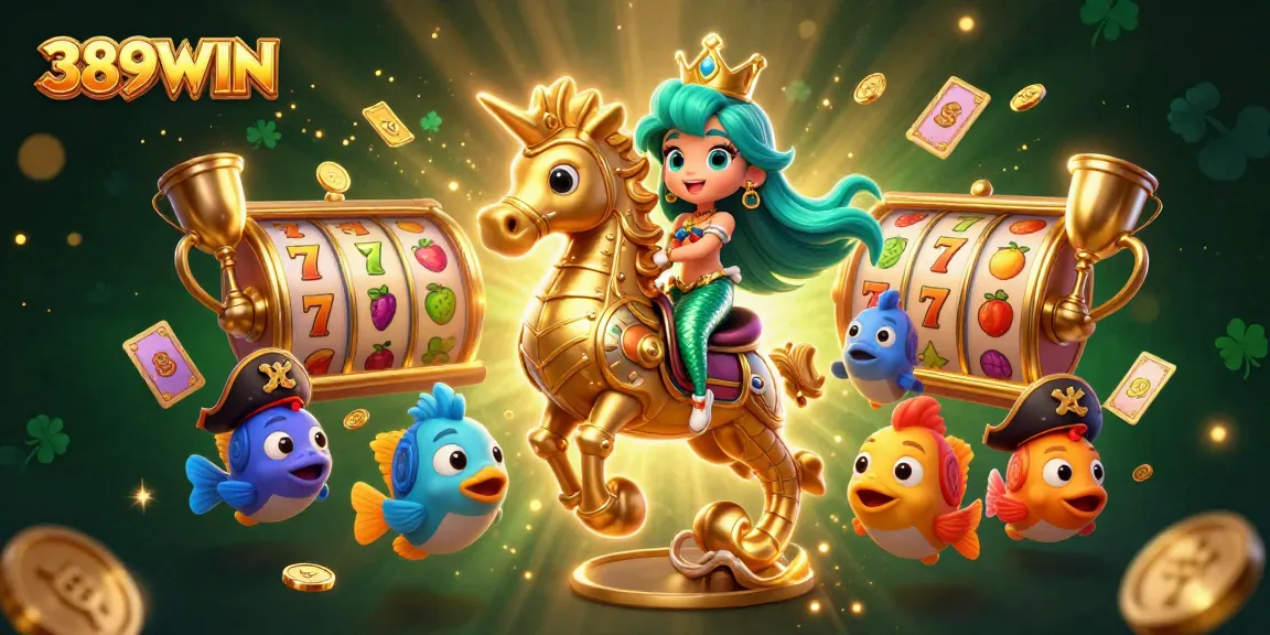 Spin to win with 389WIN as a mermaid princess rides a seahorse amidst vibrant slots and gold coins.
