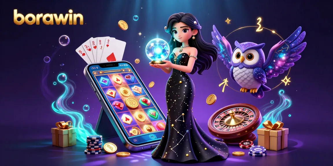 Apostas em borawin com personagens mágicos de cassino 3D em meio a elementos vibrantes de jogos de slot