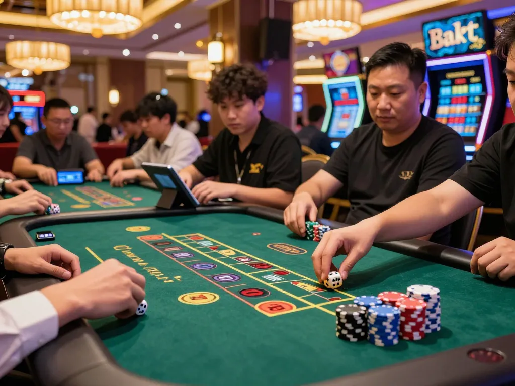 Tài Xỉu gameplay on a tablet with colorful dice and chips in a vibrant casino atmosphere.