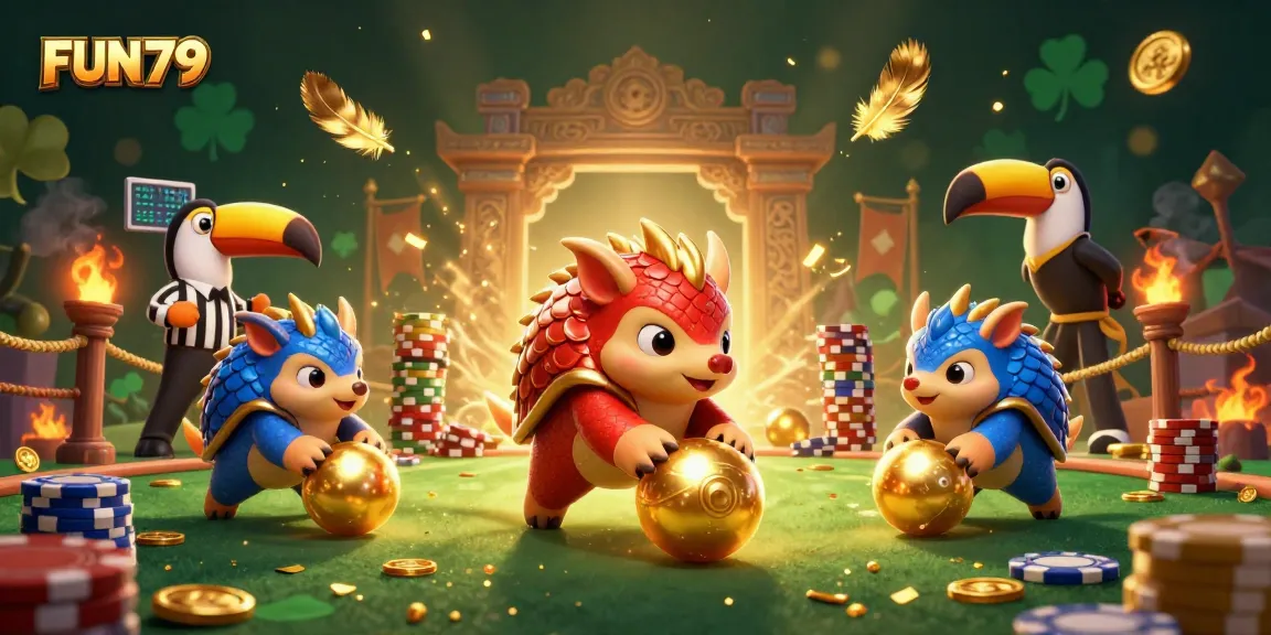 Engage in gaming action with FUN79 as rival pangolins compete amidst golden chips, feathers, and betting tokens.