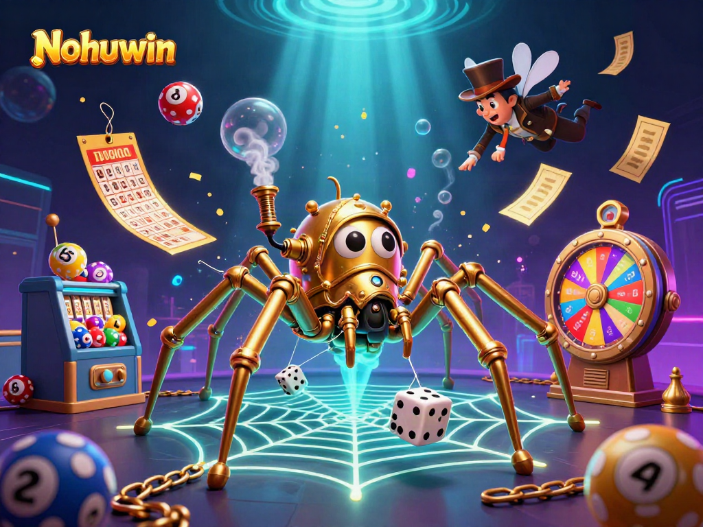 Nohuwin captivates players with a dynamic 3D scene of steampunk elements and vibrant gambling icons.