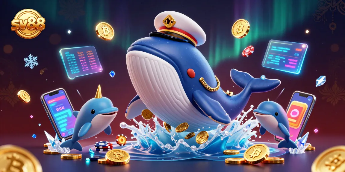 Win big at sv88 with an exciting 3D casino scene featuring a cartoon whale and crypto coins.