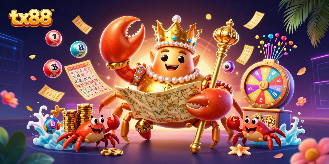 Engage with tx88's colorful 3D casino scene featuring an emperor crab and lottery excitement.
