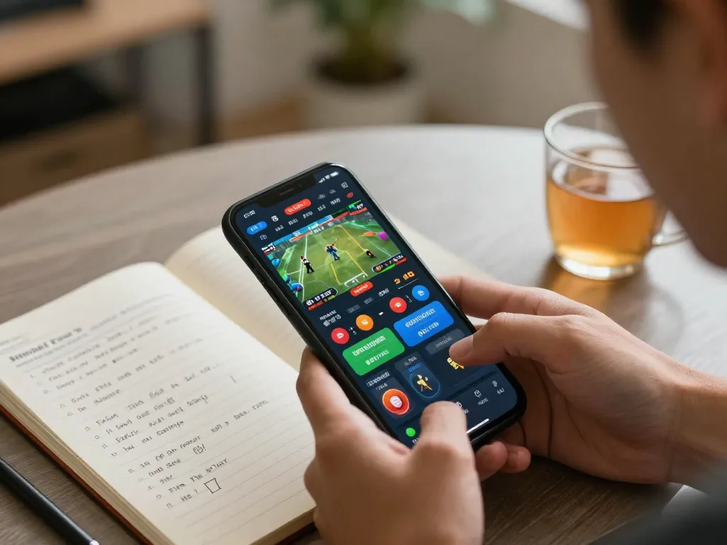 Player using 45678 com for mobile sports betting, showcasing the app interface and strategy notes in a cozy setting.
