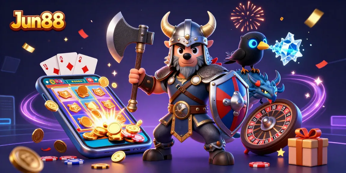 Experience thrilling gameplay at Jun88 with a vibrant slot game illustration showcasing exciting gaming elements.