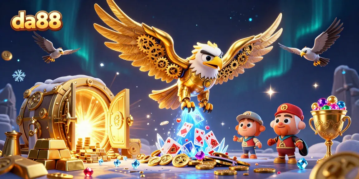 Win big at da88 with an ultra-detailed 3D illustration featuring a cybernetic eagle surrounded by treasures.