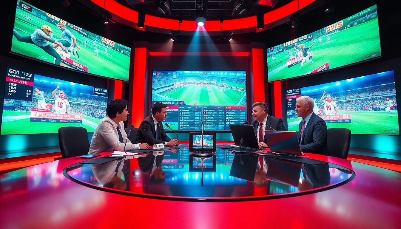 Engaging sports broadcasting studio with broadcasters discussing live events and stats.