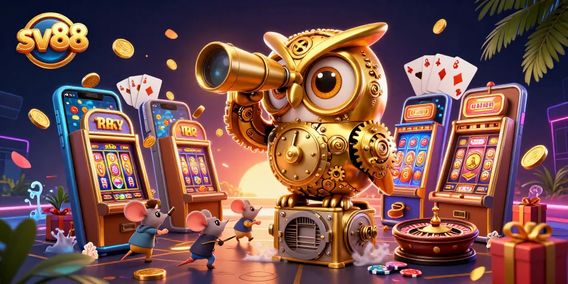 Experience thrilling gameplay with sv88's dynamic casino scene featuring a clockwork owl and vibrant slot elements.