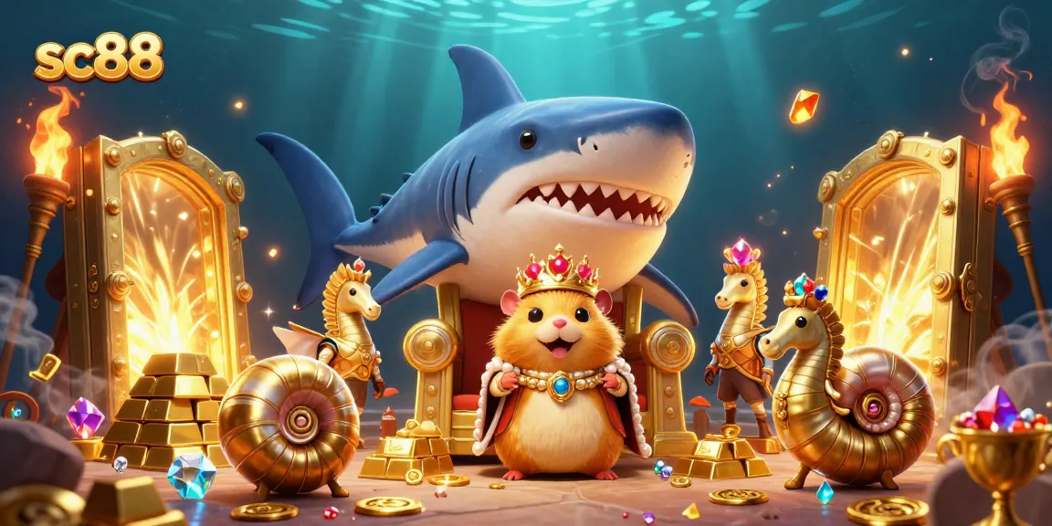 sc88 showcases an ultra-detailed scene with a golden hamster king, treasure, and lively casino elements.