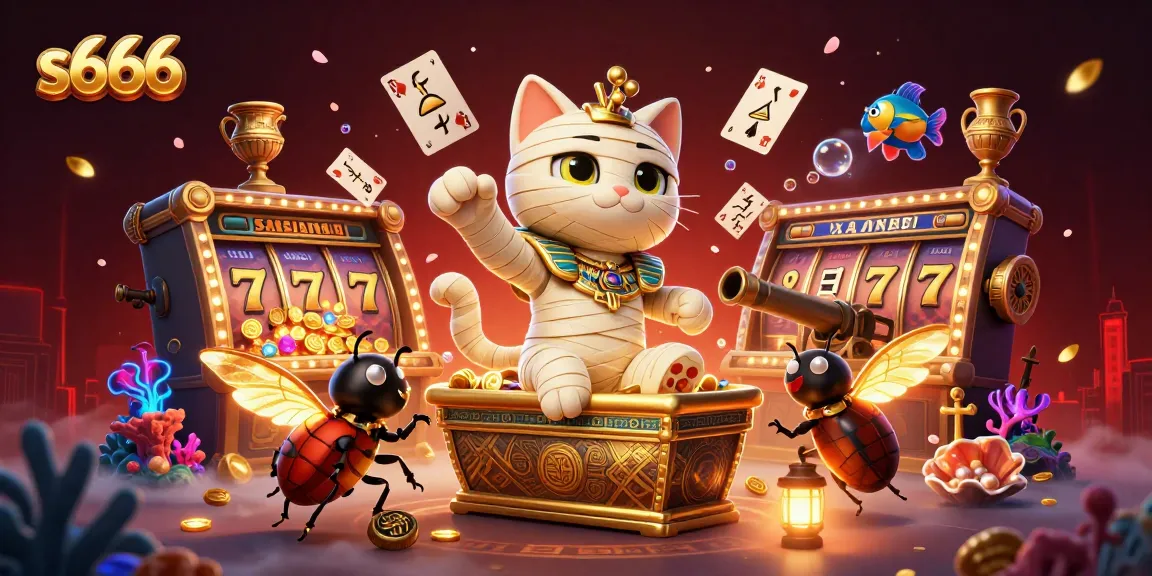 Experience the excitement of s666 casino with a vibrant mummy cat and treasure-filled scene.