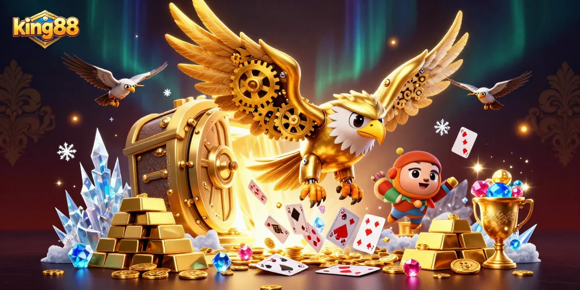 Experience the thrill of king88 with a 3D gaming adventure featuring golden treasures and vibrant casino elements.