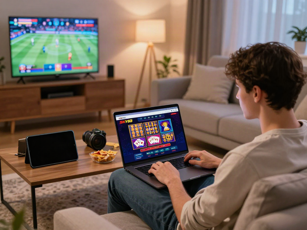 Sky88 user engaging with online casino games on a laptop, showcasing interactive gaming atmosphere.